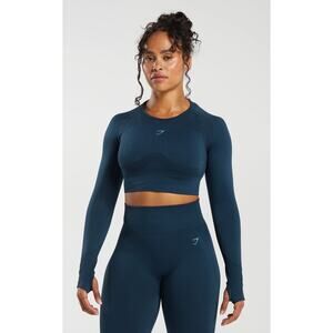 GymShark Flex Long Sleeve Crop Top Womens Size XS Navy Denim Blue New B1A3L